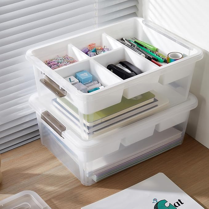 MACOPRO 17QT Clear Plastic Box Craft Storage Bin with Removable Tray & Lid | 1-pack container, art supply organizer for playdoh, sewing, beads & craft tools, space-saving stackable bins organization