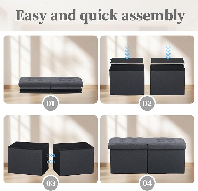 Bsketa Storage Ottoman Bench, 34" Folding Linen Foot Rest Stool, Dark Gray | Large Ottoman with Storage, Thicker Foam Padded Seat, Livingroom, Dorm, Bedroom, Easy to install, 86L,34 x 13 x 13in