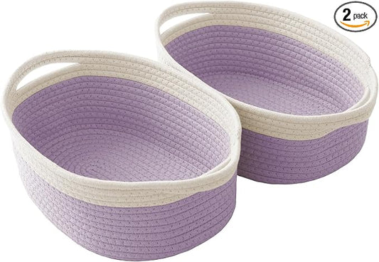 JMvicyroam Small Woven Basket, Empty Gift Basket, White&Purple/2 Pack | Small Gift Basket, Cotton Rope, 12 x 8 x 55 in, Handles, Includes Ribbon and Bag, Birthday Gift Basket