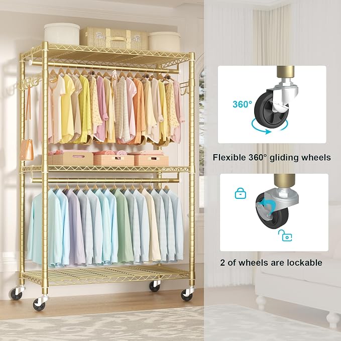 FUTASSI P1 Plus Rolling Clothes Rack, 22mm Diameter Heavy Duty Garment Rack | Clothing Rack with Wheels, Portable Closets with Shelves and Hanger Rods, 45"W x 17.7"D x 80.5"H, Load 524lbs, Gold