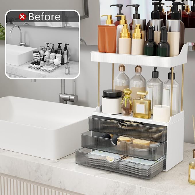 StorBin Arcylic 5-Tier Makeup & Skincare Organizer for Vanity, Bath | Smooth 3 drawers, clear body, gold frame, non-slip, for perfumes, serums, face masks, palettes, vanity & bath counter,Grey