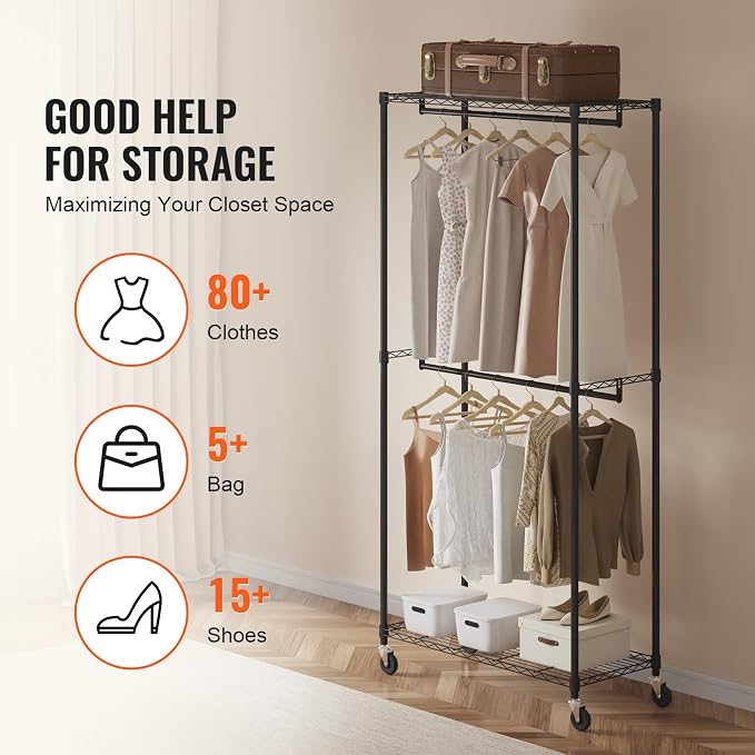 VEVOR Clothing Garment Rack, Heavy Duty Closet Wardrobe, Adjustable Tiers Clothes Racks with Steel Frame, for Bedroom, Clothing Store, Hallway