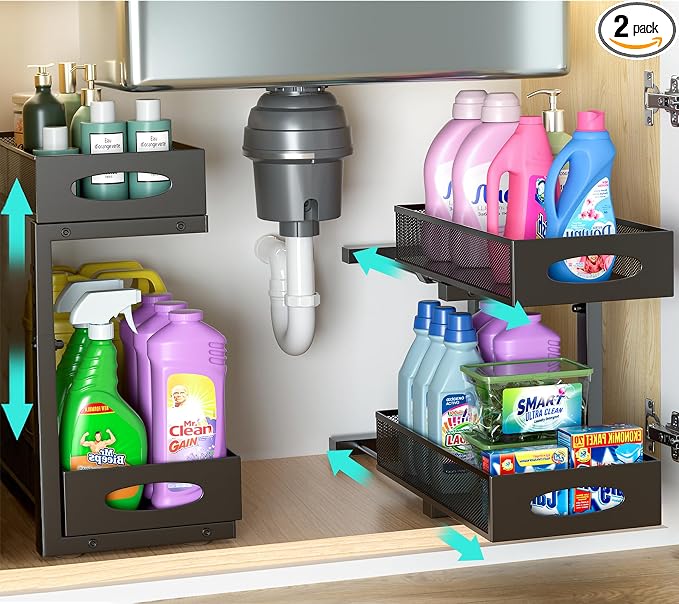 Under Sink Organizer, 2-Pack of 2-Tier Metal Slide Out Pull Out Cabinet Organizer Shelf, Height Adjustable Organization and Storage Series, Bathroom/Desktop/Cabinet/Kitchen Organization, Black