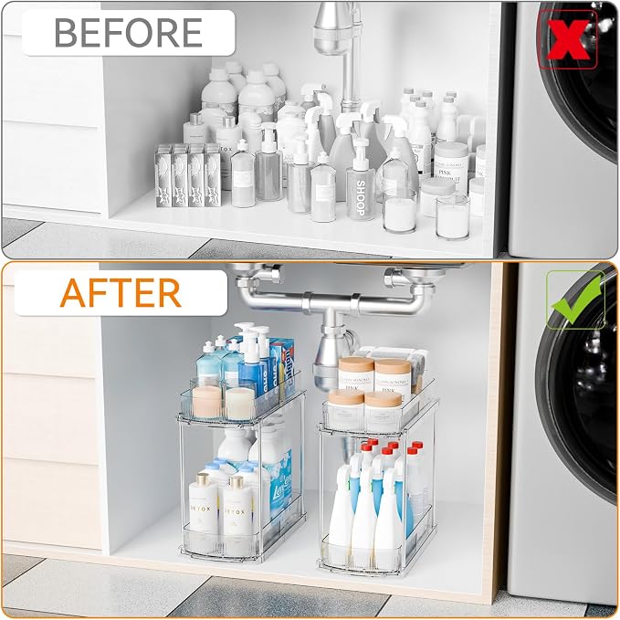 3 Pack 13.8″ Deep 2 Tier Under Sink Storage Organizer,Large Pull Out Bathroom Organizers and Storage,Slide Out Acrylic Undersink Storage Shelf,Kitchen Under Sink Organizer for Cleaning Products