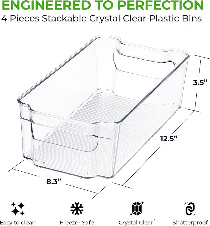 Zulay Kitchen 4 Pack Clear Refrigerator Organizer Bins - Large Fridge Organizers and Storage Containers - Transparent, BPA Free, Durable, Shatterproof