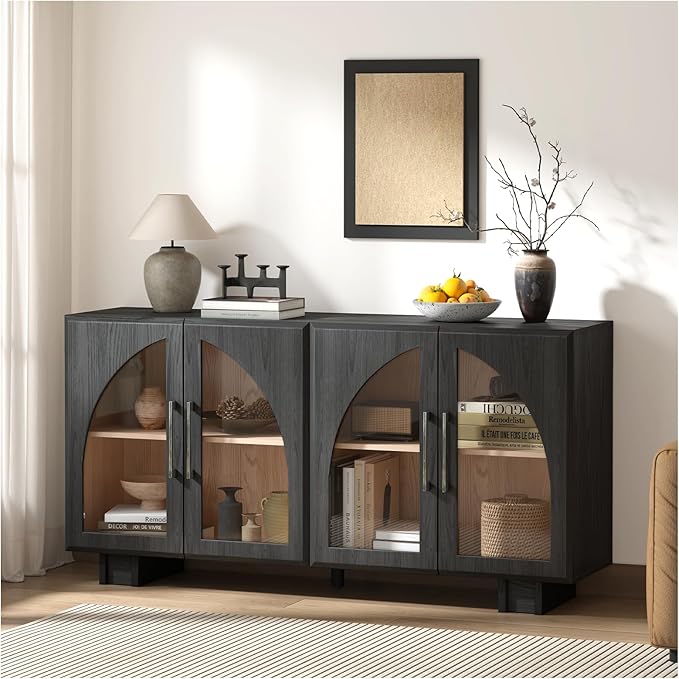 JOINICE 63” Sideboard Buffet Cabinet with Storage for Dining Room,Black | Modern Accent Console Cabinet with Arched Glass Doors,supports up to 100 lbs,Adjustable Shelves,for Kitchen,Entryway