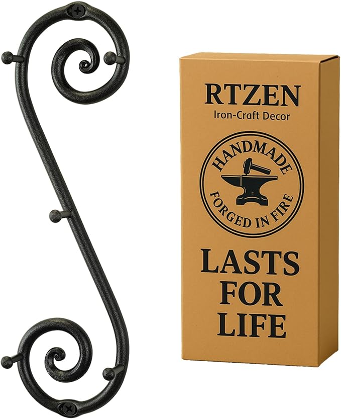 RTZEN Farmhouse Small Key Holder for Wall, Wrought Iron Wall Mount Rack | Handcrafted Swirl Decorative, 5 Key Hooks for Home Entryway, Purse, Coat and Leash Holder or Organizer (Vertical Black)