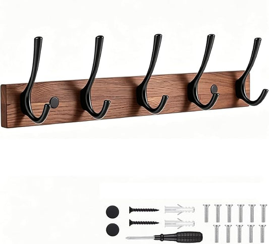 1Pack Wall Mounted Coat Rack with 5 Hooks, 15.8 Inch Wood Coat Hook | Rust-Resistant Metal Hooks, Heavy Duty Wall Hooks, Up To 45 Lb In Studs, Easy Install, For Entryway Bedroom Bathroom