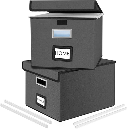 File Organizer Box with Lids, Collapsible File Folder Organizer | File Box with Plastic Slides for Document, Filing Bin for Letter Size Hanging File Folders (2 Pack, Dark Gray)