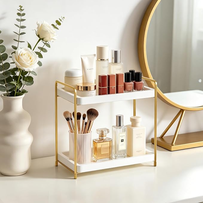 Mkono Bathroom Counter Organizer, 2 Tier Countertop Bathroom Decor Wood Storage Sink Shelf for Vanity Kitchen Coffee Station Home Office, Makeup Tray for Cosmetic Skincare Perfume, Gold and White