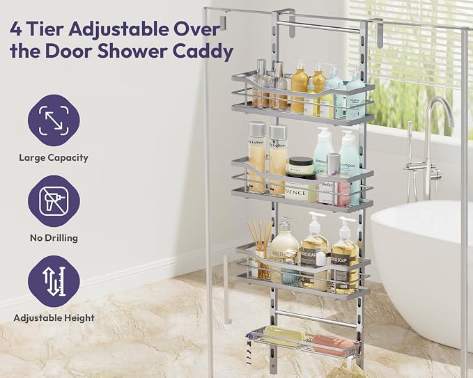 SWTYMIKI Over the Door Shower Caddy - 4 Tier Adjustable Shower Organizer Hanging with Soap Holder, No Drilling Stainless Steel Bathroom Rack Hanging for Body Wash, Shampoo, Soap, Razor, Silver