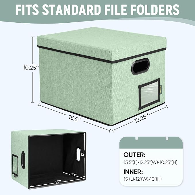 BALEINE File Organizer Box with Lid, Collapsible File Folder Organizer with Plastic Slide, Filing Box for Office Home Document Organizer Storage (Green, 2PK)