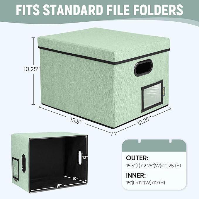 BALEINE File Organizer Box with Lid, Collapsible File Folder Organizer with Plastic Slide, Filing Box for Office Home Document Organizer Storage (Green, 1PK)