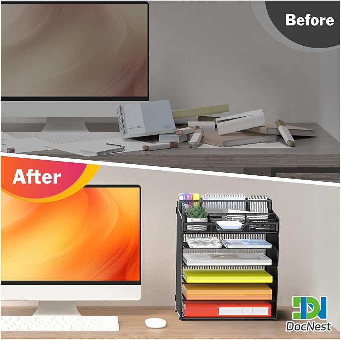 Docnest 6 Tier Mesh Desk Organizer with Letter Tray & Paper Sorter, Black | Features 3 built-in pen holders & 5 adjustable compartments on top. Includes 4 non-slip rubber feet for desk protection