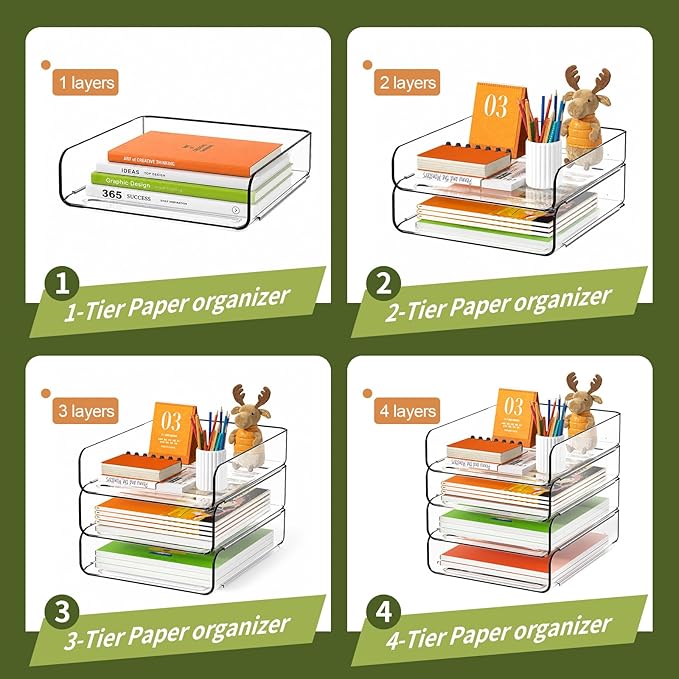 FANXIYQ 4-Tier Acrylic Paper Tray Organizer, Clear Stackable Desk File Organizer for Documents, Files, Letters, A4 Paper, Books, Notes, Mail & Paper Storage, Office Classroom Home