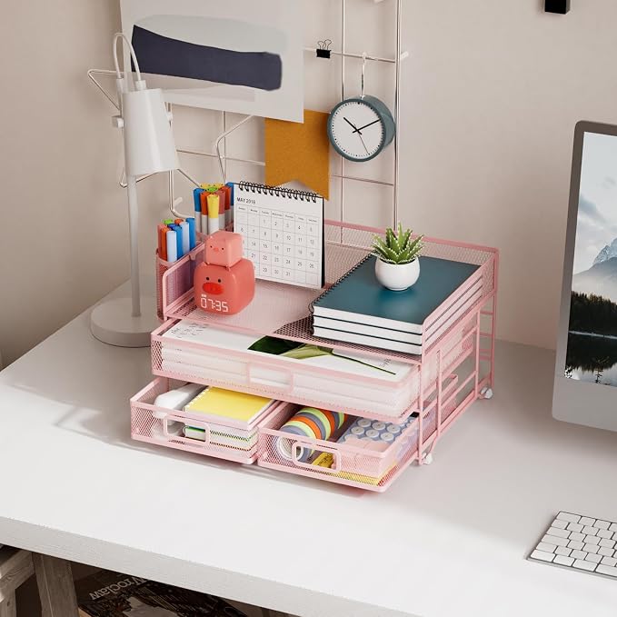 Marbrasse 3 Tier Mesh Desk Organizer with Drawer, Multi-Functional Desk Organizers and Accessories, Paper Letter Organizer with 2 Pen Holder for Home Office Supplies (Pink) | Paper Tray Organizer, File Holder for Desk, Metal Mesh Office Organization fo...