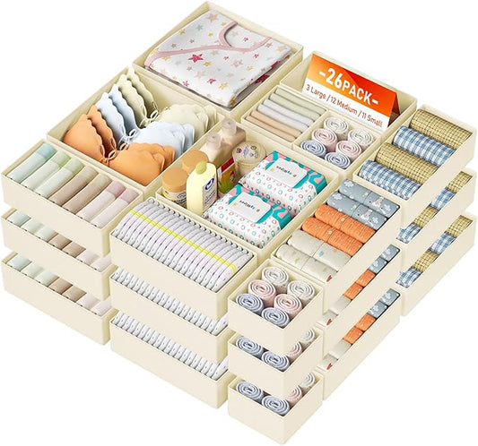 DIMJ Drawer Organizer Clothes, 26 Pack Dresser Organizer, Foldable Closet Organizers and Storage, Fabric Dresser Bins, Drawer Dividers for Nursery, Baby Clothes, Underwears, Sock (Beige)
