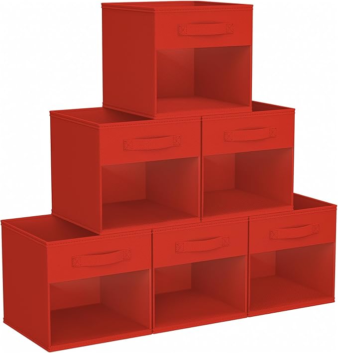 DIMJ Storage Cubes, Cube Storage Bin, 6 Pack Foldable Baskets with Window, Closet Storage Bins with Handle, 11x 11 inch Storage Cubes for Clothes, Toys, Books (Red)