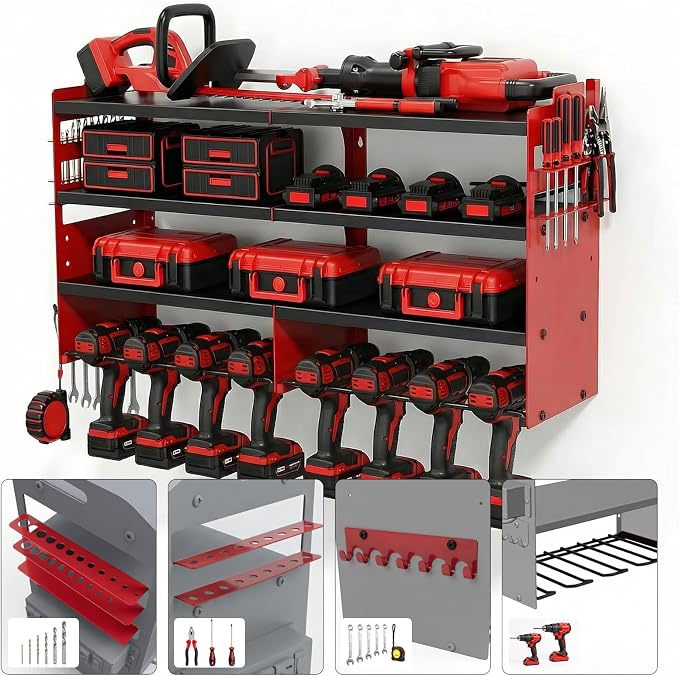 Power Tool Organizer Wall Mount, Standard Edition, RED | Heavy Duty 600 Lbs Metal Tool Storage Rack, 4-Tier Garage Drill Holder & Workshop Battery Management Station