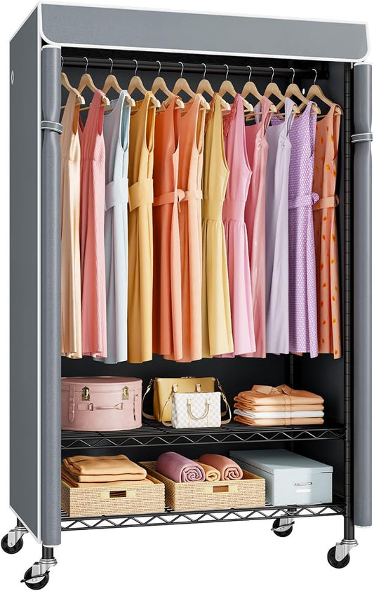 P6C Rolling Clothes Rack with Cover, 3-Tier Covered Clothing Rack | Portable Closets for Hanging Clothes, Heavy Duty Garment Rack on Wheels, Black Closet Rack with Gray Cover, Max Load 365LBS