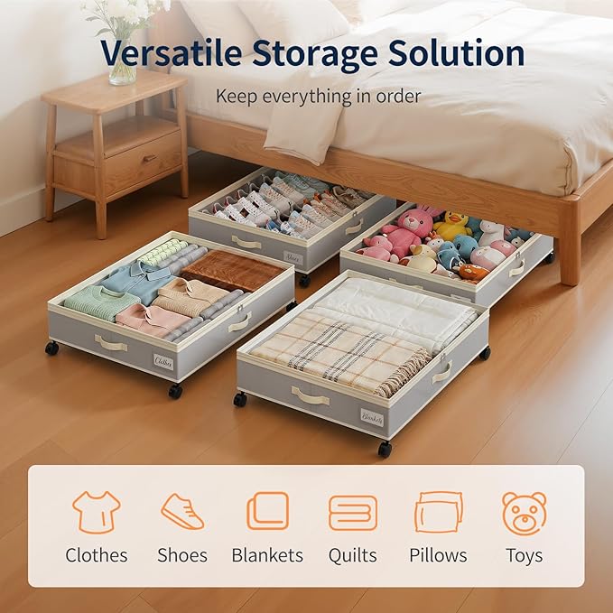 Yecaye 80L Large Under Bed Storage Containers with Wheels, 2 Pack, Grey | 80L Capacity, Space-saving, 360° Rolling Wheels, Clear Window & Label, Sturdy Fabric, For Clothes, Shoes, Blankets