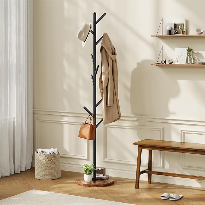 HOOBRO Coat Rack Stand with 9 Hooks, Metal Freestanding Coat Tree with Wooden Base, Heavy Duty Hall Tree for Entryway, Space Saving Coat Hanger Stand with Thickened Base, Rustic Brown BF11YM01