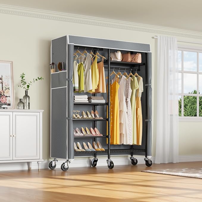 VIPKE R4C Rolling Clothes Rack with Cover, Portable Garment Rack on Wheels | Grey Zippered Polyester Cover, 360°Movable Wheels, Heavy Duty Clothing Rack with 6 Metal Wire Shelves, Max Load 620 lbs