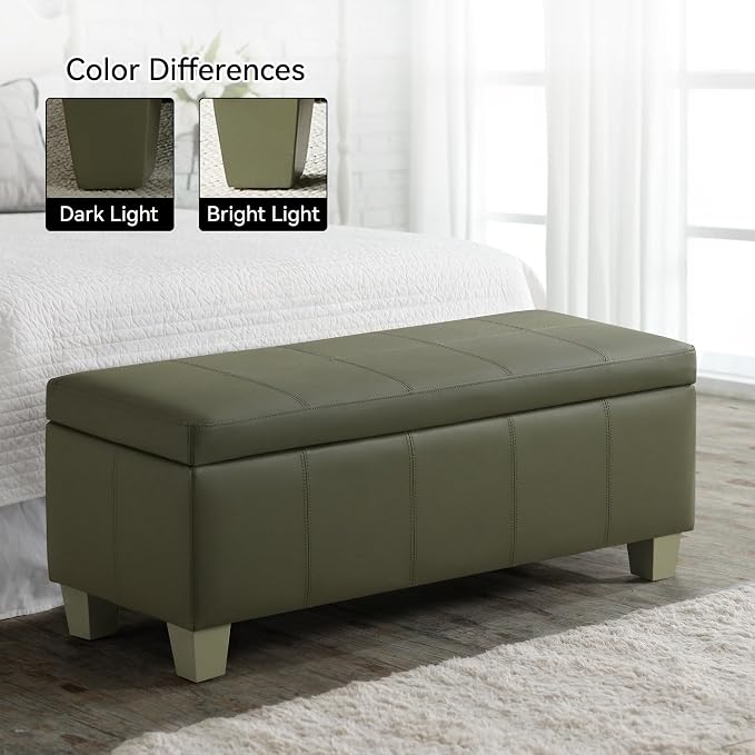 WUTUTUEE 41" Faux Leather Storage Ottoman, Stitch Tufted Rectangle Upholstered End of Bed Storage Bench, Entryway Large Couch Ottoman with Wooden Legs,Green