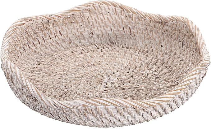 Hipiwe Decorative Key Tray Rattan Storage Bowl Food Serving Basket for Fruit Bread Candy Handwoven Basket Tray for Entryway Table Kitchen, Whitewash 8.5 Inch
