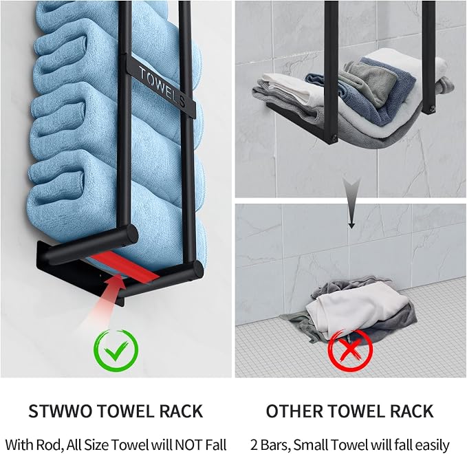 STWWO Bathroom Towel Rack Wall Mounted Can Holds 4 Large Towels, Black | Towel Storage for Small Bathroom, Wall Towel Rack for Rolled Towels Folded Bath Towels, 22inch