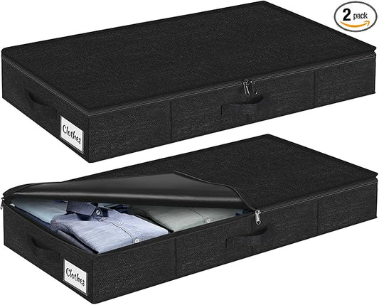Under Bed Storage Container Bins 2 Pack, 4.5 Inch Slim Low Profile Underbed Clothes Storage Organizer for Dorm & Home, Use for Blanket and Toy Storage Box W/ Sturdy Bottom/Sides, Foldable Thick Fabric