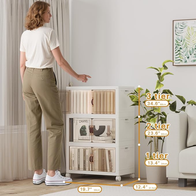 Stackable Storage Bins with Lids, 156QT Closet Organizers and Storage Cabinet with Doors & Wheels, Lockable Plastic Foldable Drawers for Bedroom Dorm Office Garage（52QT*3,White）