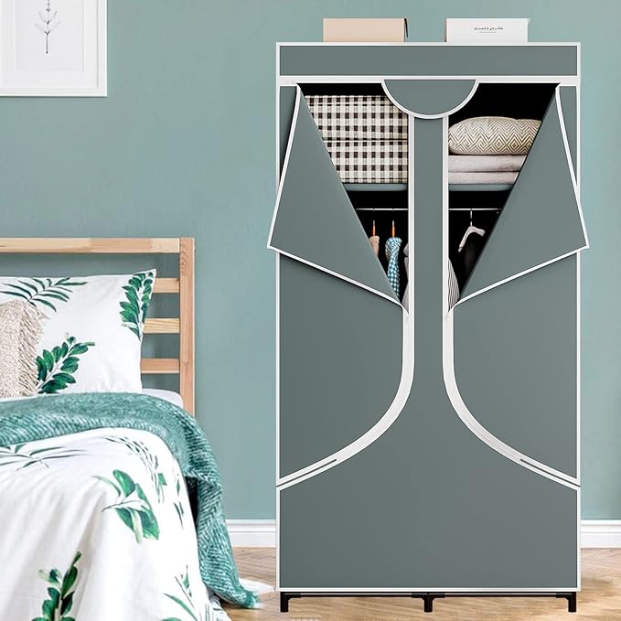 SORCEDAS Portable Closet Wardrobe with Hanging Rods Shelves Clothes Storage | 34 Inch Closet Organizers and Storage with Non-Fabric Cover,Freestanding Clothes Closet for Bedroom,dorm,Storage Rooms Grey