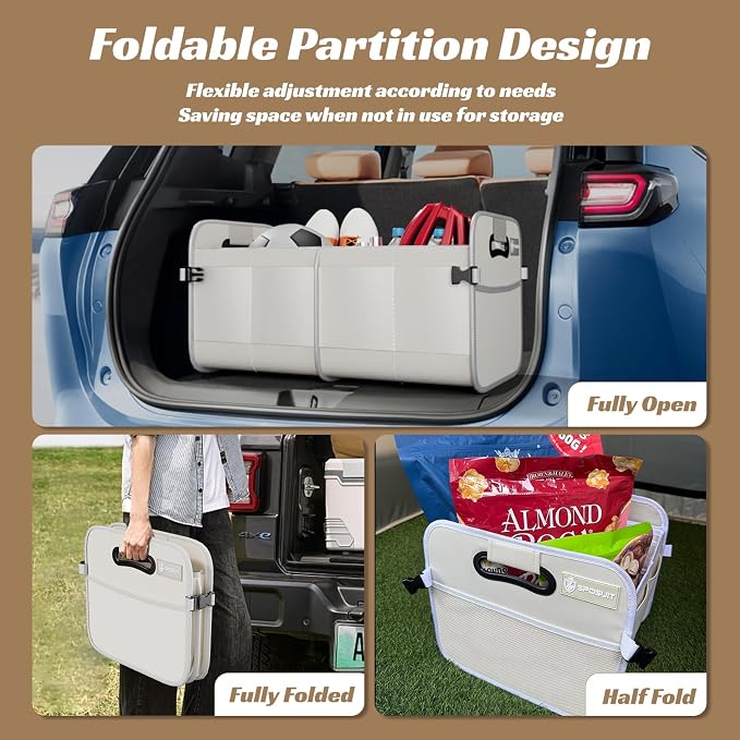 Sposuit Trunk Organizer for Car - 70L Collapsible Sturdy Car Storage, White | 11 Pockets & Reinforced Handles, Large Capacity, SUV Trunk Organizers for Grocery Cargo, Non-Slip Bottom