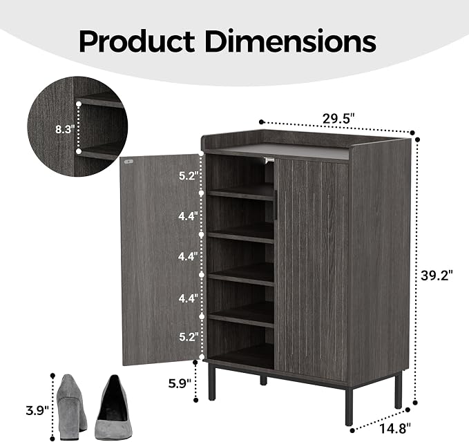 Shoe Cabinet with Metal Legs, Farmhouse Large 5-Tier Shoe Storage Cabinet with Doors, Wooden Shoe Organizer for Entryway, Hallway (2 Door Shoe Cabinet, Black Oak-Modern)