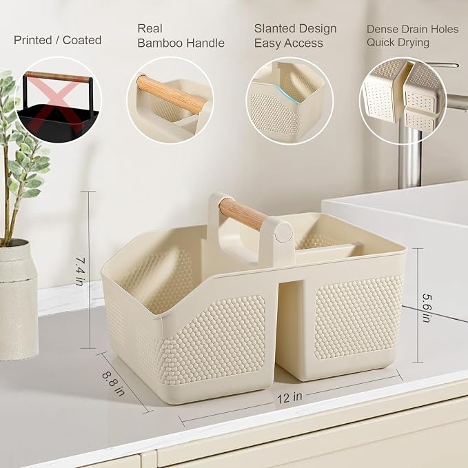 Plastic Shower Caddy Portable Shower Basket with Bamboo Handle, Cream | Cleaning Caddy Organizer Storage Tote for Bathroom, College Dorm Essentials, Bath Toy Storage