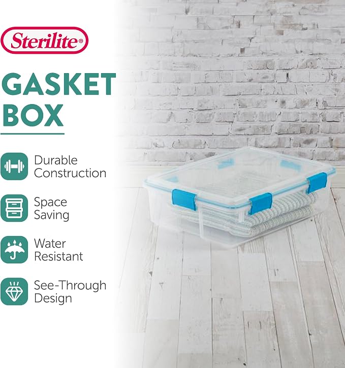 Sterilite Gasket Storage Box with Lids for Home & Office, 37 Quart, 16-Pack | Heavy-Duty, Stackable, and Organizing Containers for Bathroom, Cabinet, Closet, and Garage, Clear and Blue Aquarium Latches