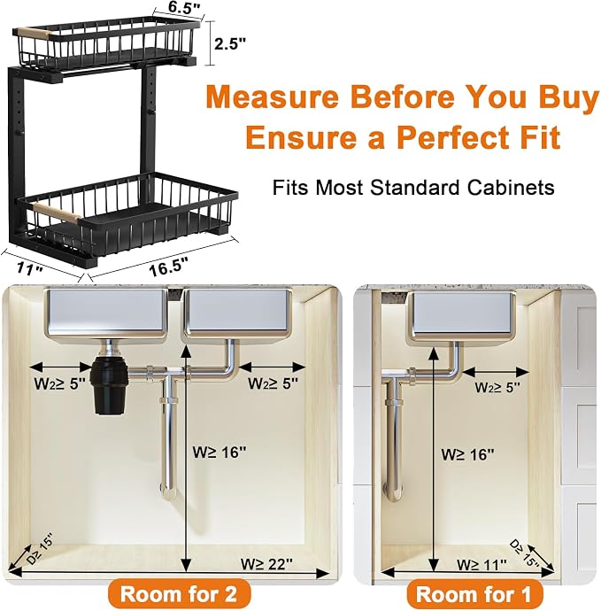 Under Sink Organizer, Adjustable 2 Tier Pull Out Kitchen Bathroom | cabinet organizer, 5 level adjustable, quiet sliding rails, dual suction and nano tape, no drill, rust resistant holds 50 lbs