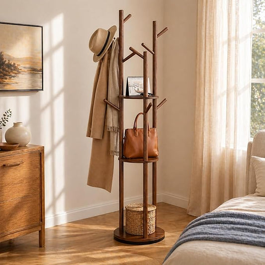 Solid Wood Rotating Coat Rack Freestanding, 360° Coat Tree with 3 Shelves & 9 Hooks, Heavy Duty Rubberwood Coat Hanger Stand, Hat Rack Hall Tree for Entryway Bedroom Office Hallway, Walnut