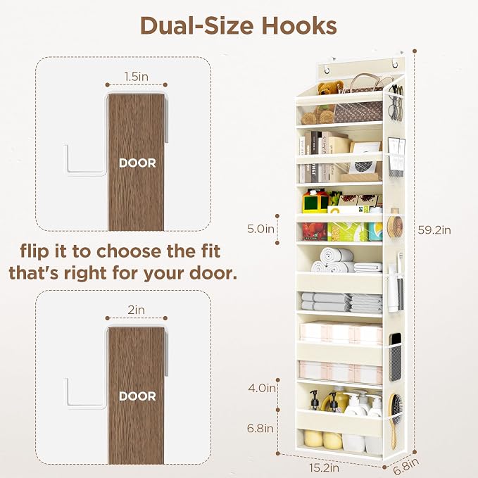 Over The Door Organizer, 6 Tiers Behind The Door Storage Hanging Shelves | Heavy Duty Hanging Organizer Storage with Large Capacity Pockets for Closet Wall Bathroom Bedroom Nursery Pantry, 1 Beige