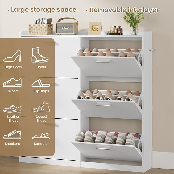 Modern Shoe Cabinet Organizer with 6 Flip Drawers, 47.2" W White | Freestanding shoe storage cabinet for entryway,foyer and hallway, space-saving flip drawers,Adjustable Shelves & 2 Hooks