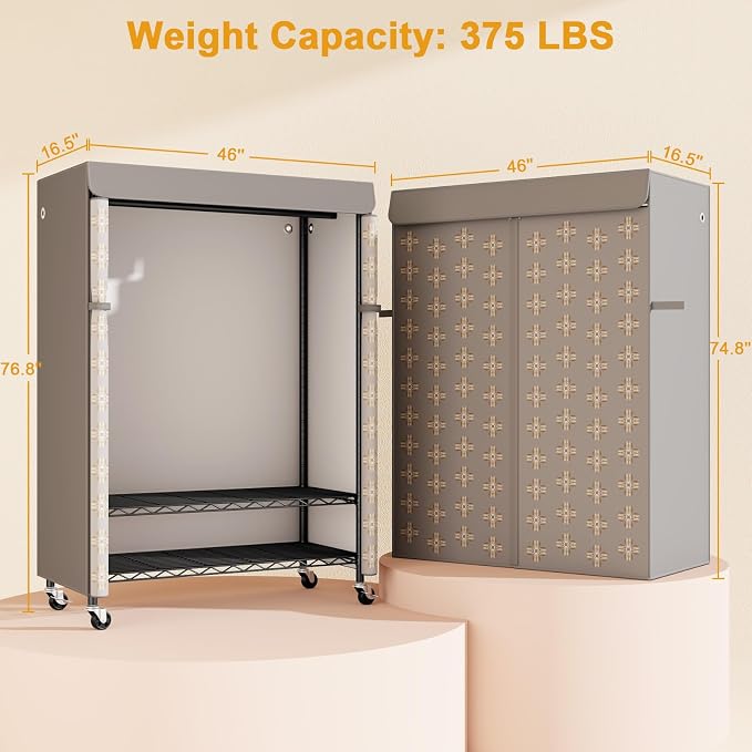 P6C Plus Rolling Clothes Rack with Cover, Covered Clothing Rack | Portable Closets for Hanging Clothes, Heavy Duty Garment Rack on Wheels, Black Closet Rack with Pattern Cover Max Load 375LBS