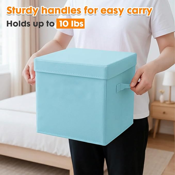 ShellKingdom Storage Bins, Foldable Fabric Storage Cube with Lid for Closet | Clothes Storage Organizer Drawer For Closet Toys Storage, 13 X 13 X 13 INCH, 2 Pack (Light Blue)