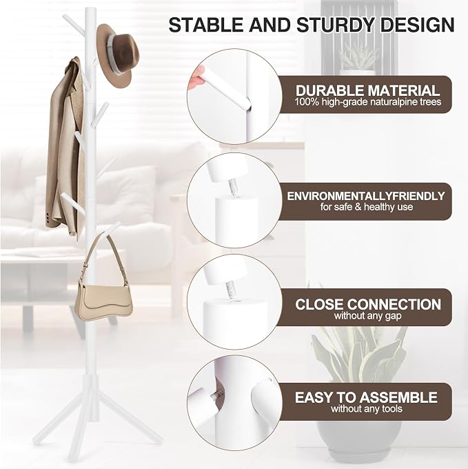 WANGMUXIA Freestanding Coat Rack | Coat Rack with 8 Hooks and 3 Adjustable Size Tree for Bedroom, Hallway, Entrance, Office, for Hats, Coats, Scarves, Handbags