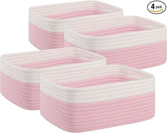 OIAHOMY 4 Pack Storage Baskets for Organizing, Small Bins for Shelves, Cute Decorative Storage Bins, Organizer Baskets for Gifts Empty, 11.8''Lx7.8''Wx4.7''H, Pink/White