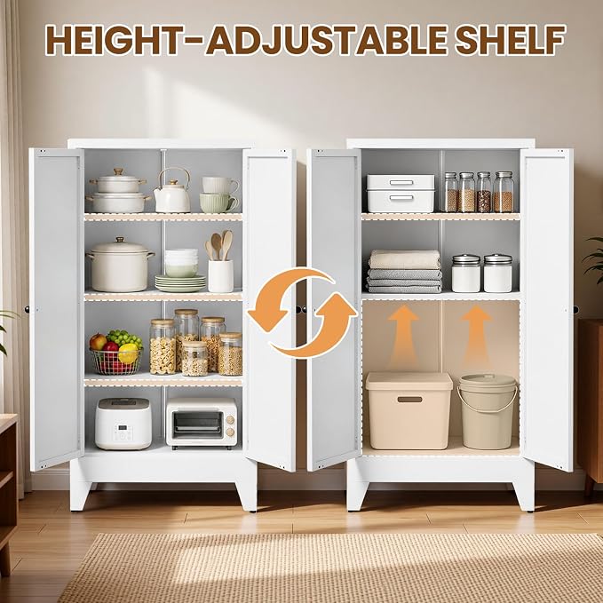 Metal Pantry Cabinet, 47" Kitchen Pantry Cabinet with 2 Doors and 3 Adjustable Shelves, White Steel Storage Cupboard for Dining, Office, Living Room, Bathroom