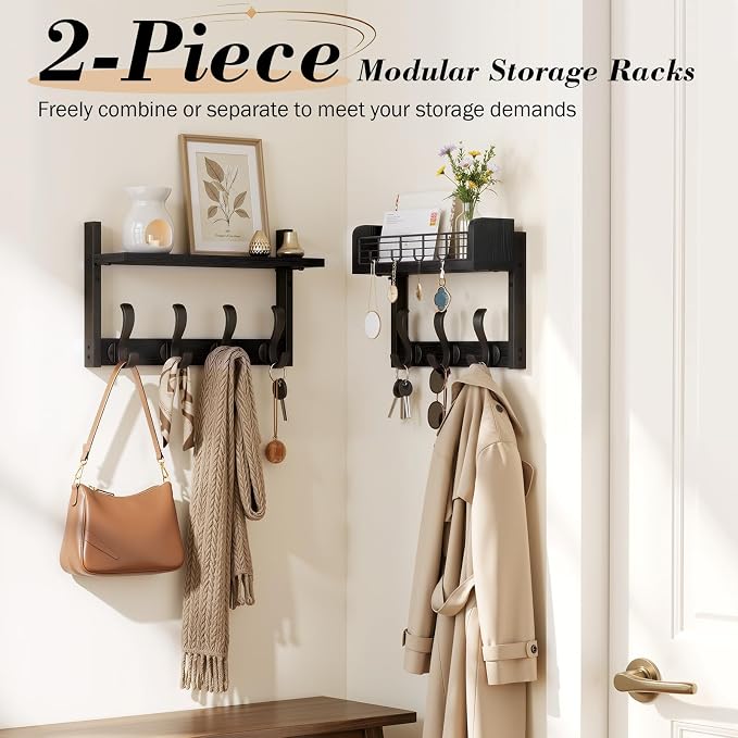 Delamu 29" Wall Mounted Coat Rack with Shelf, 4 in 1 Wall Shelf with 11 Hooks, Entryway Coat Hanger Wall Mount for Living Room and Bedroom, Black