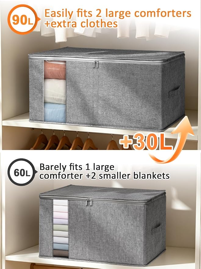 punemi 90L Rigid-Sided King Size Comforter Storage Bag,2 Pack, Gray | Sturdy Structure, Stackable Design, Clear Window, for Bedding, Pillows, Quilts & Duvets, Closet Organization