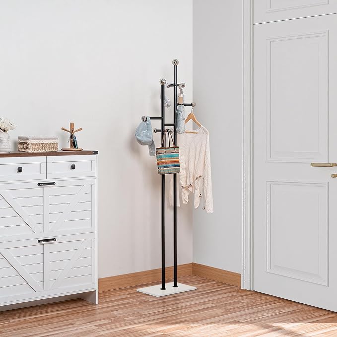 Metal Standing Coat Rack for Entryway Bedroom Living Room (Black) | Easy Assembly, Compact Footprint, Space Saver, Metal Frame, Marble Base, Sturdy, 8 Spherical Hooks, Office, Corner