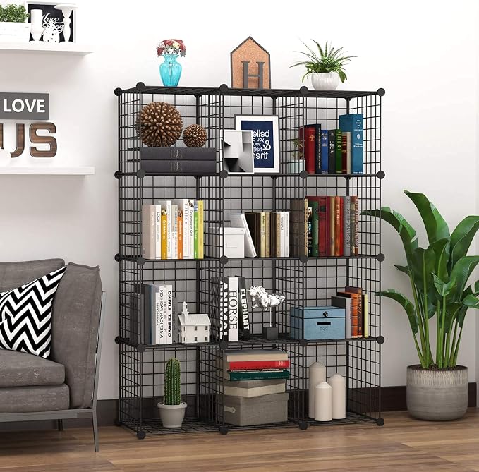 C&AHOME Wire Cube Storage, 12-Cube Storage Organizer Metal, C Grids, Black | Modular Shelves Units Storage Bins Shelving Bookshelf Shelf Cabinet Organizer